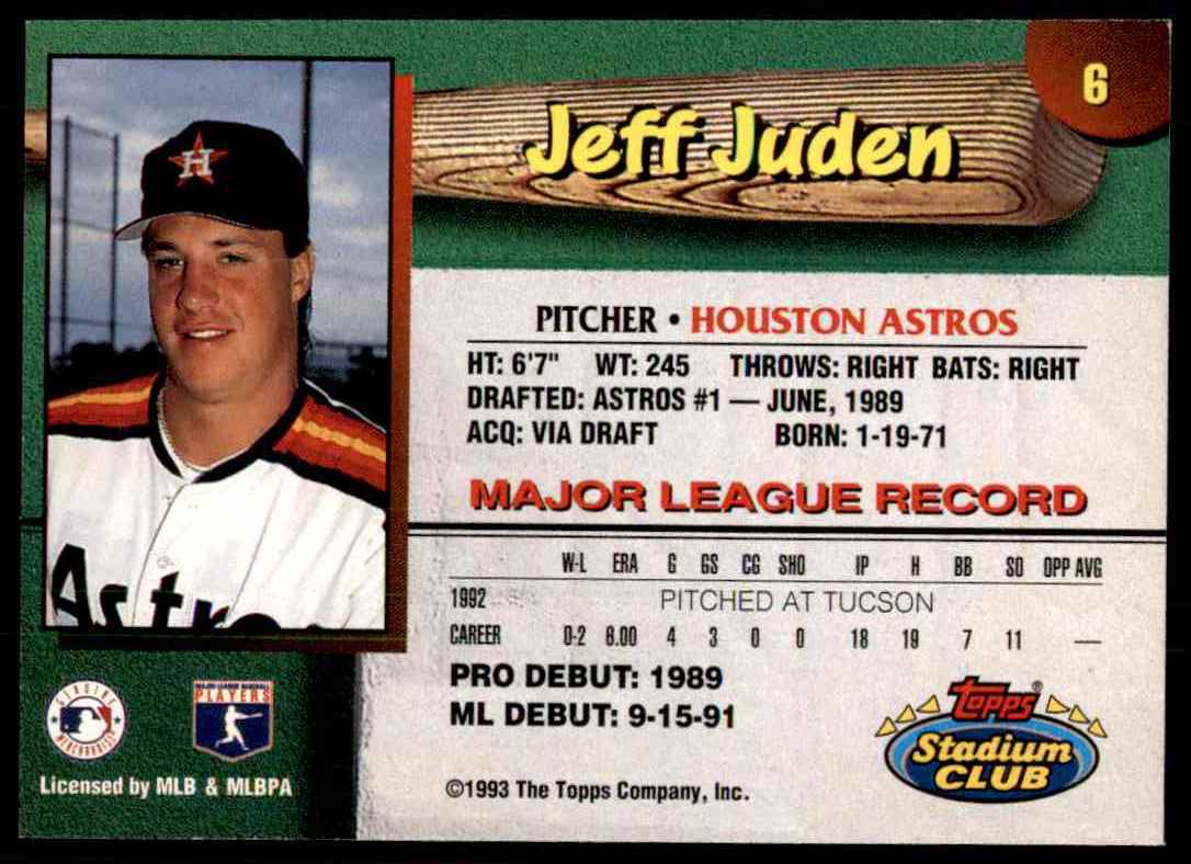 1993 Astros Stadium Club Houston Astros Jeff Juden #6 card back image