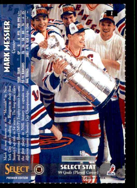 1995-96 Pinnacle Select Promo Mark Messier #1 card back image