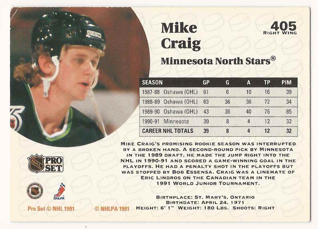 1991-92 Pro Set Mike Craig #405 card back image