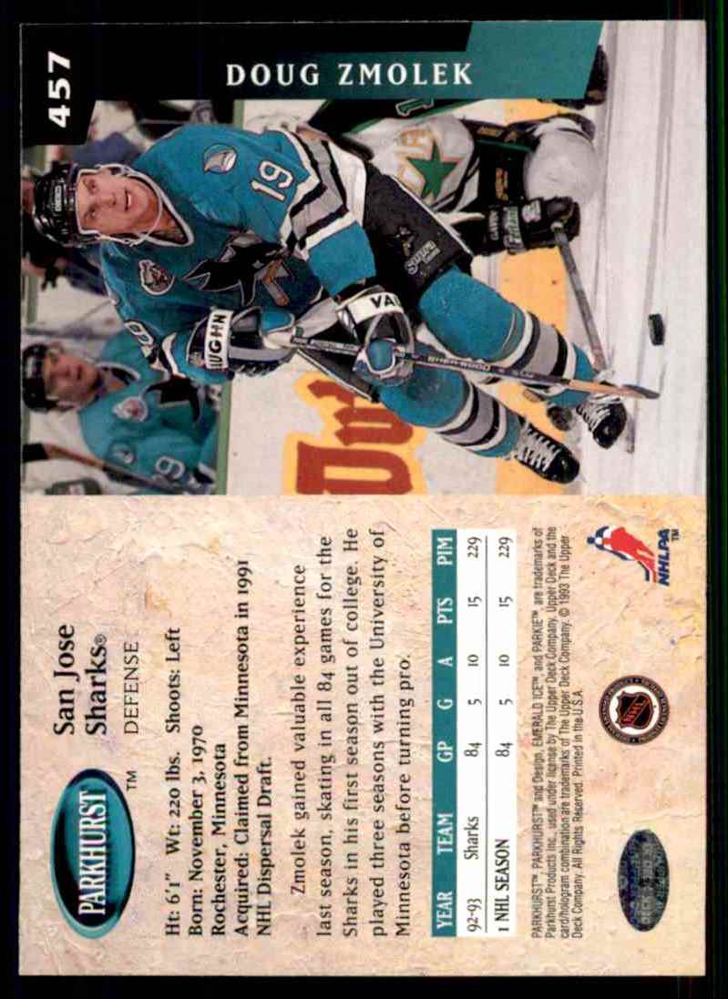 1993-94 Parkhurst Emerald Ice Doug Zmolek #457 card back image