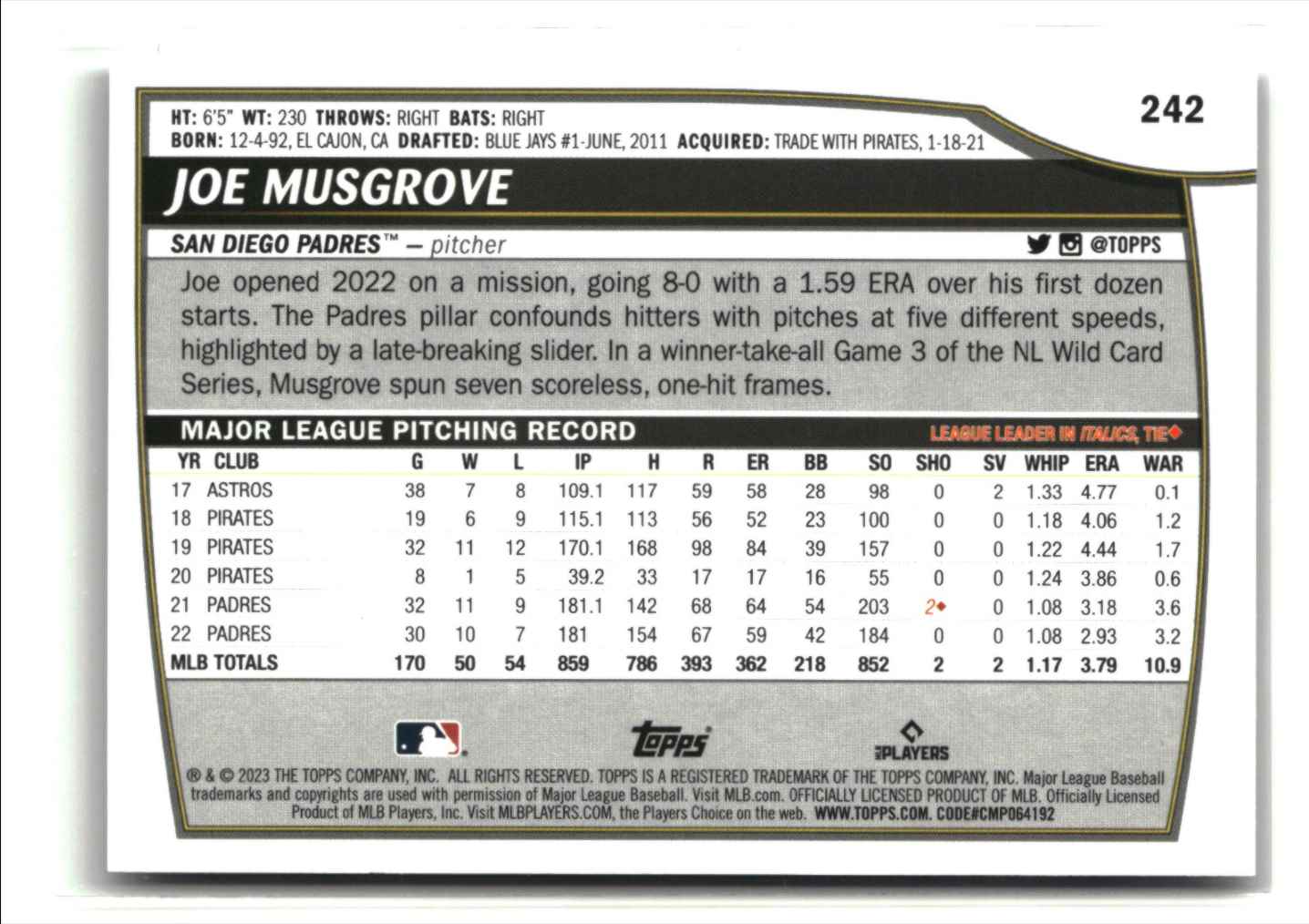 2023 Topps Big League Uncommon Foil Joe Musgrove #242 card back image