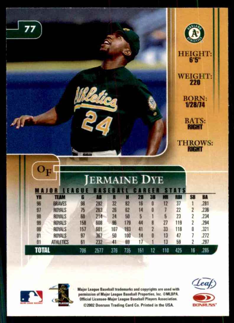 2002 Leaf Rookies & Stars Jermaine Dye A's #77 card back image