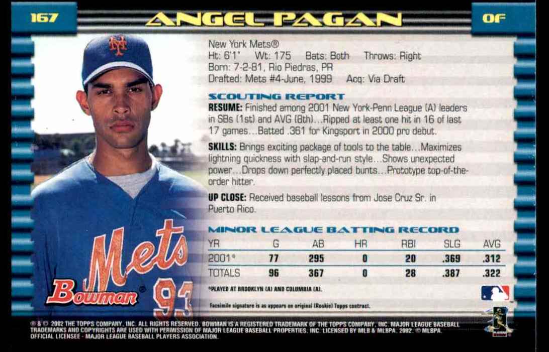 2002 Bowman Bowman Angel Pagan #167 card back image