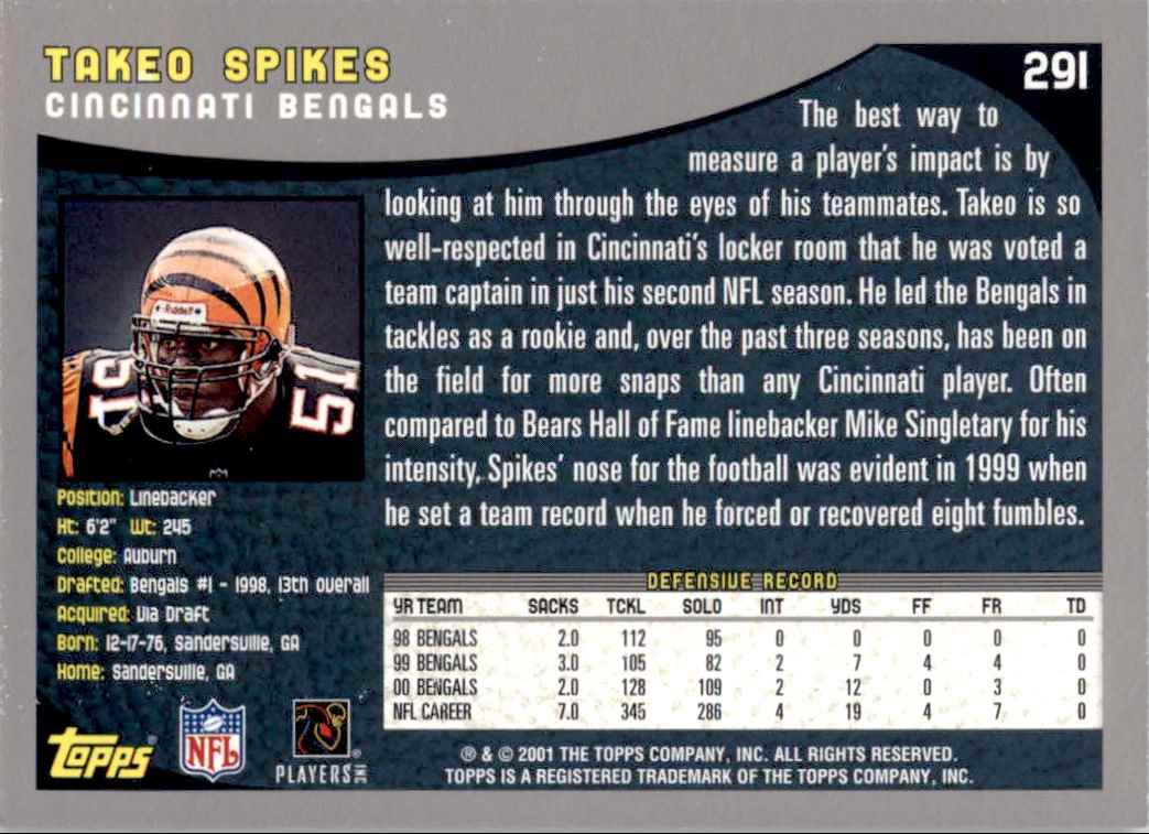 2001 Topps Takeo Spikes #291 card back image