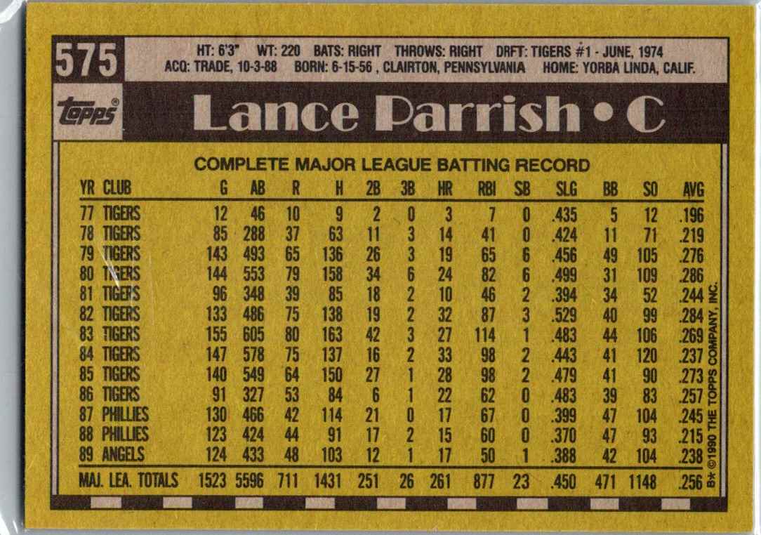 1990 Topps Lance Parrish #575 card back image