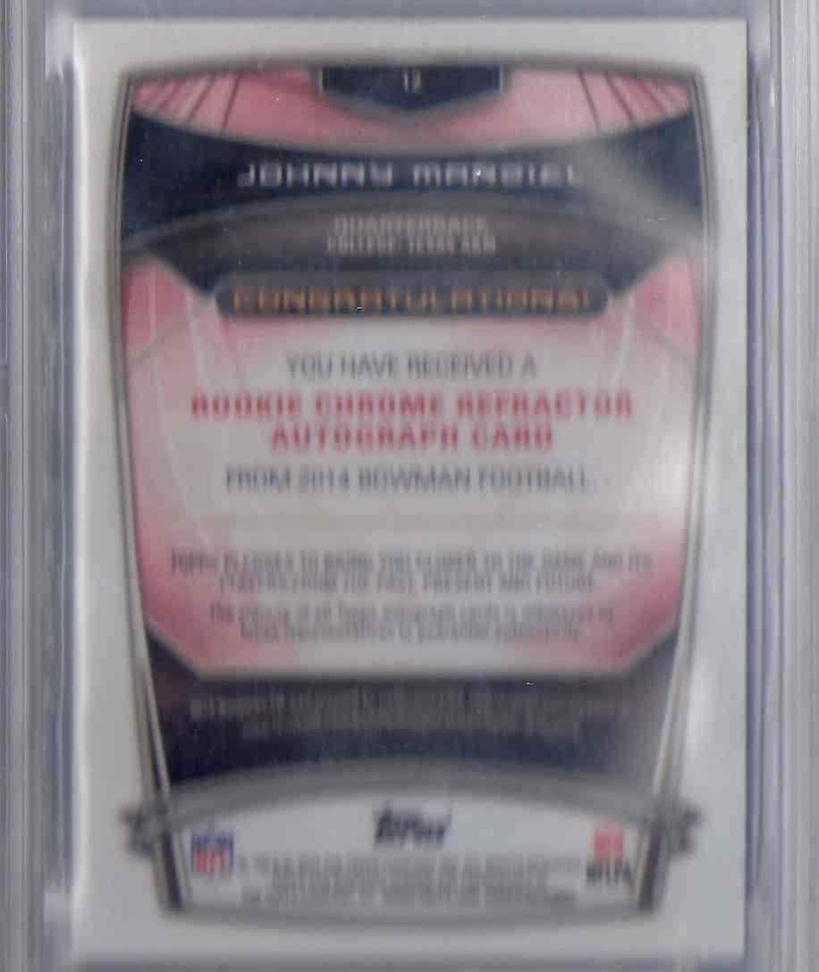 2014 Bowman Chrome Rookie Autographs Blue Refractors Johnny Manziel #12 card back image