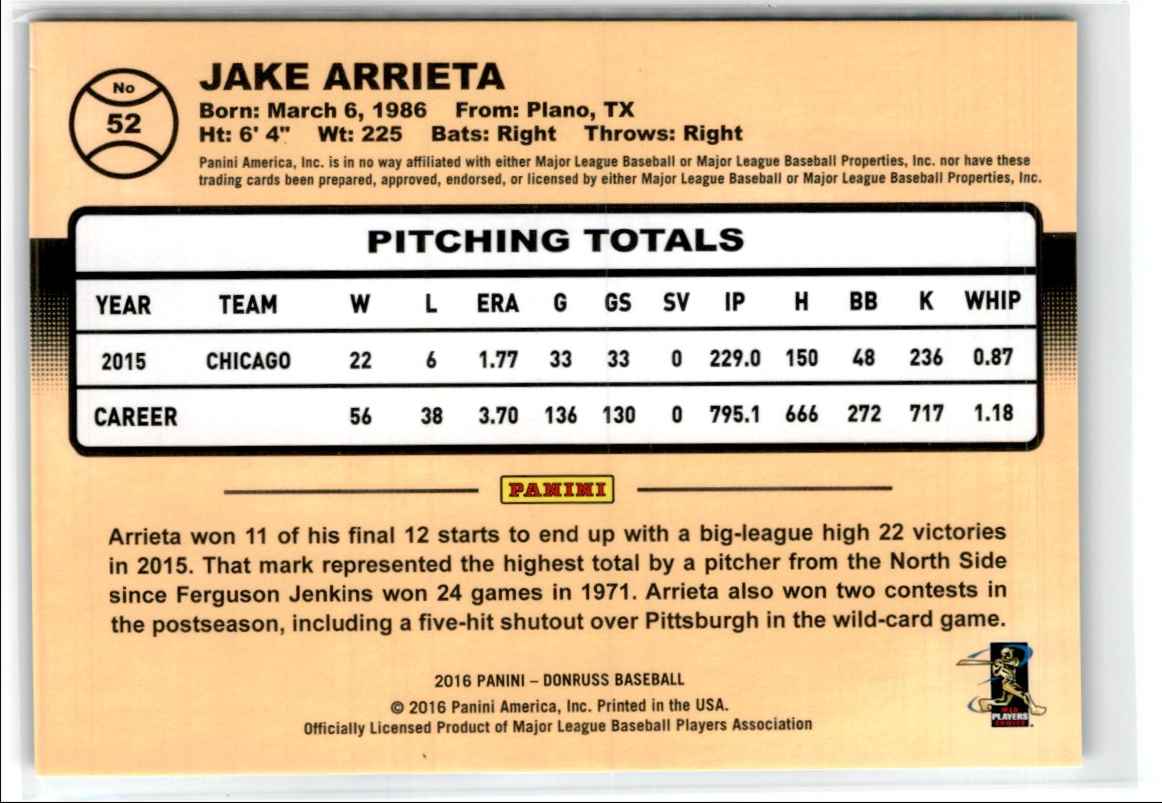 2016 Donruss Career Stat Line Jake Arrieta #52 card back image