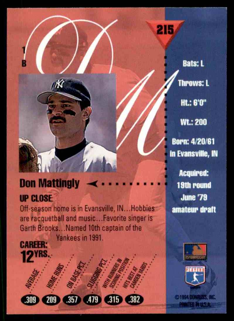 1994 Studio Don Mattingly #215 card back image