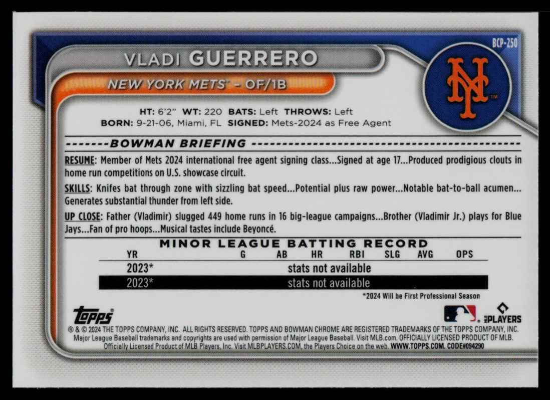 2024 Bowman Chrome Prospects Mojo VLADI GUERRERO #BCP-250 card back image