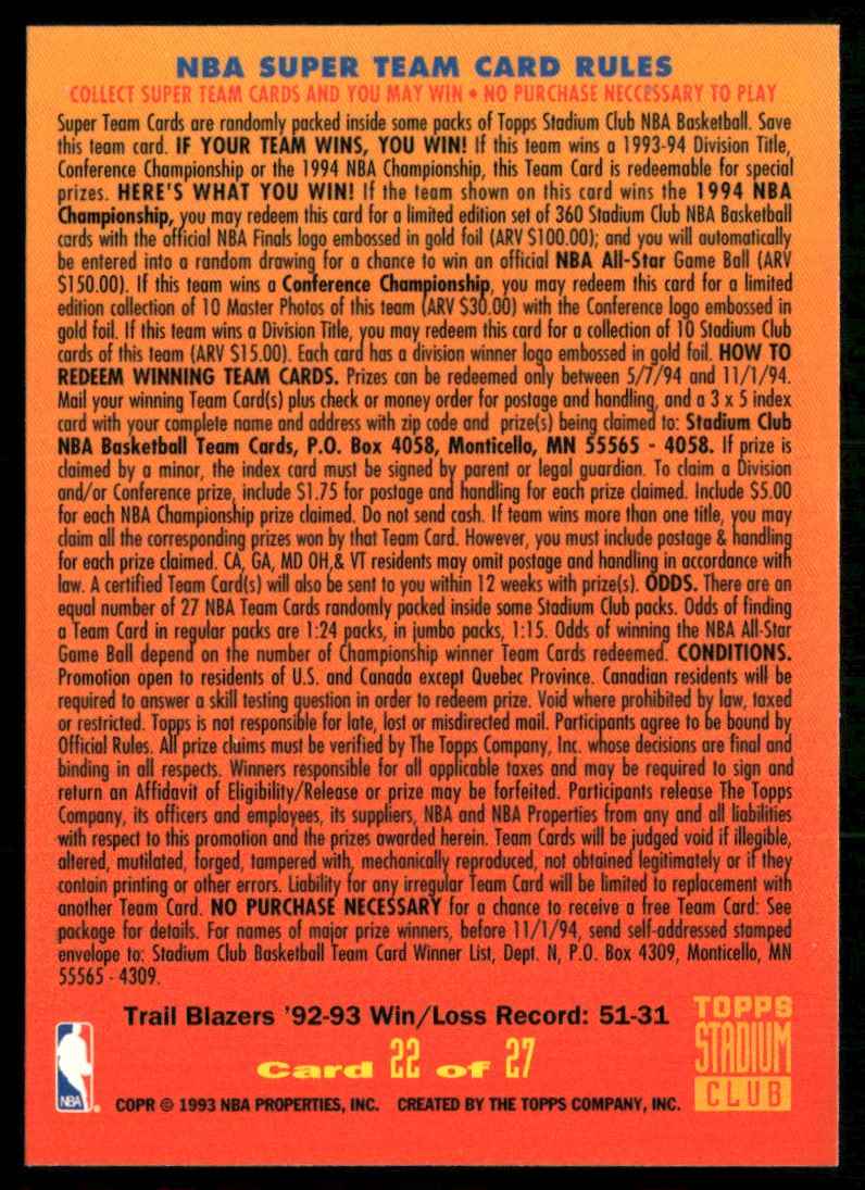 1993-94 Stadium Club Super Teams Portland Trail Blazers #22 card back image