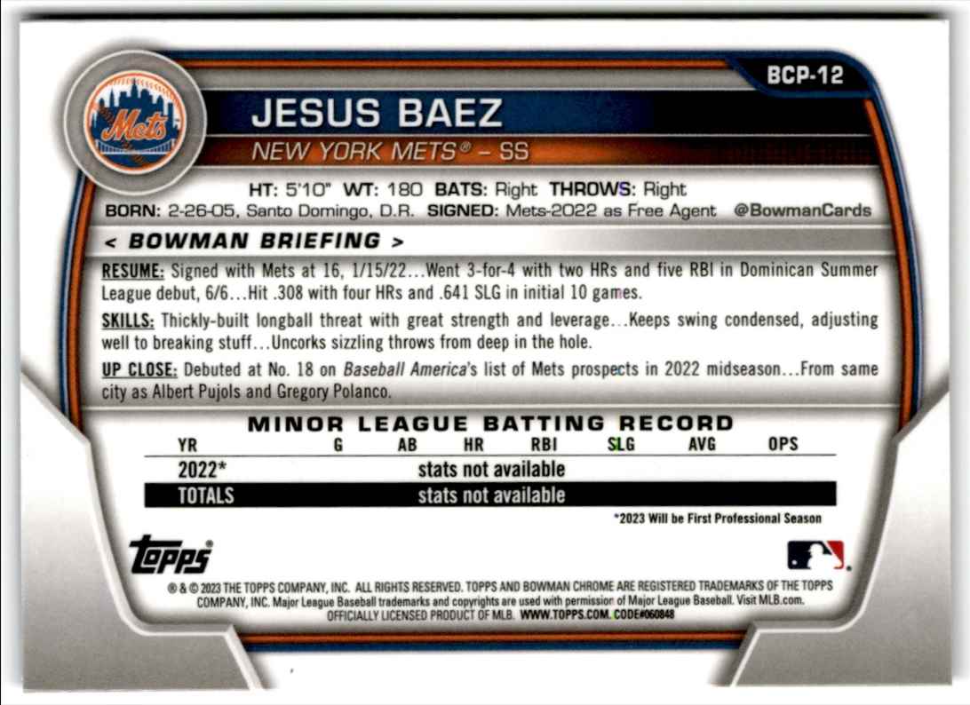 2023 Bowman Chrome Sapphire Prospects Jesus Baez #BCP-12 card back image