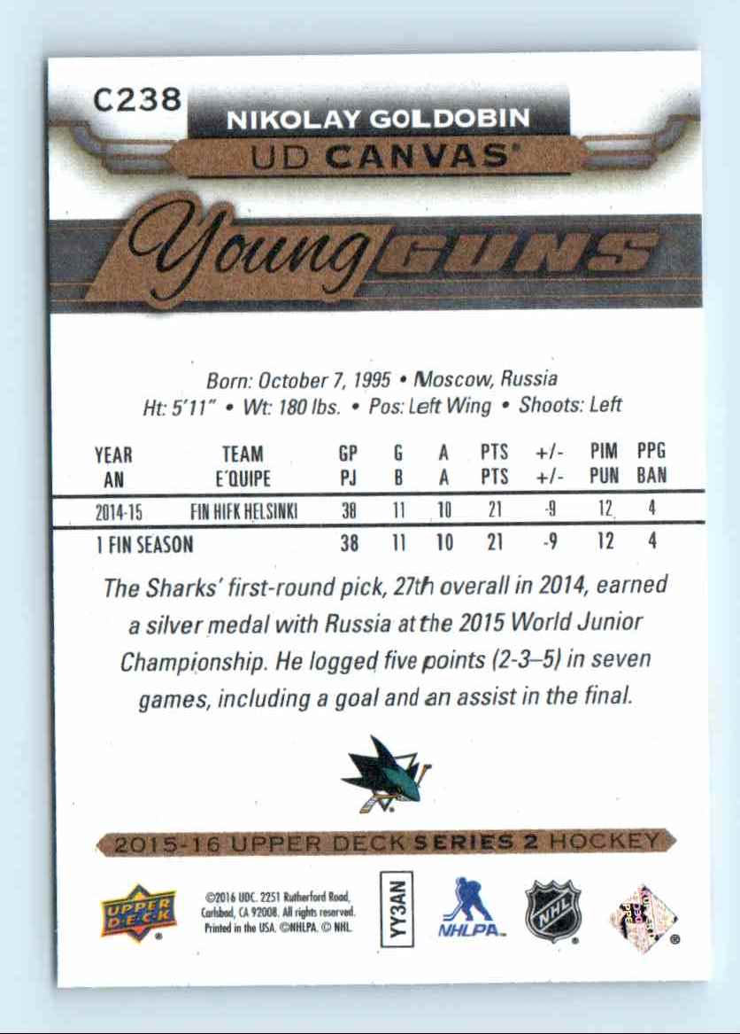 2015-16 Upper Deck Young Guns Canvas Nikolay Goldobin #C238 card back image