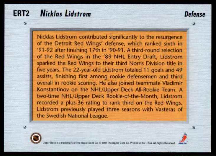 1992-93 Upper Deck Euro-Rookie Team Nicklas Lidstrom #ERT2 card back image
