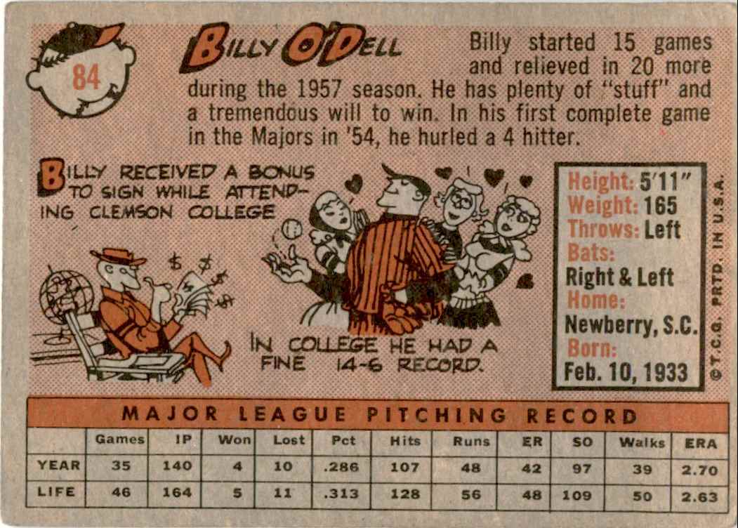 1958 Topps Billy Odell #84 card back image