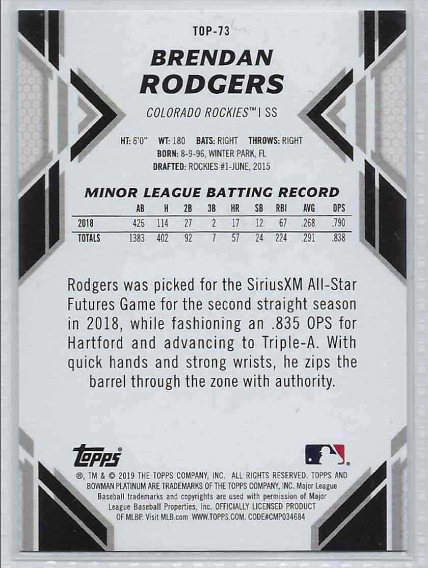 2019 Topps Bowman Platinum Brendan Rogers #TOP-73 card back image