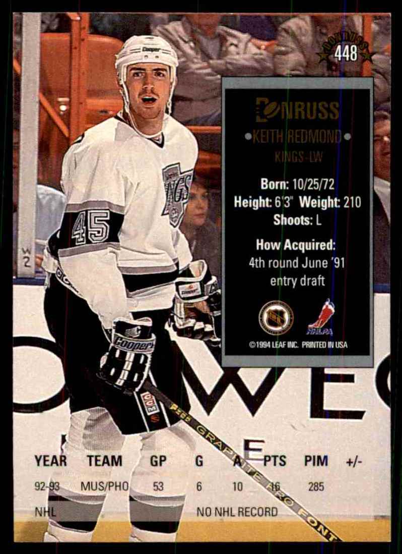 1993-94 Donruss Keith Redmond RC #448 card back image