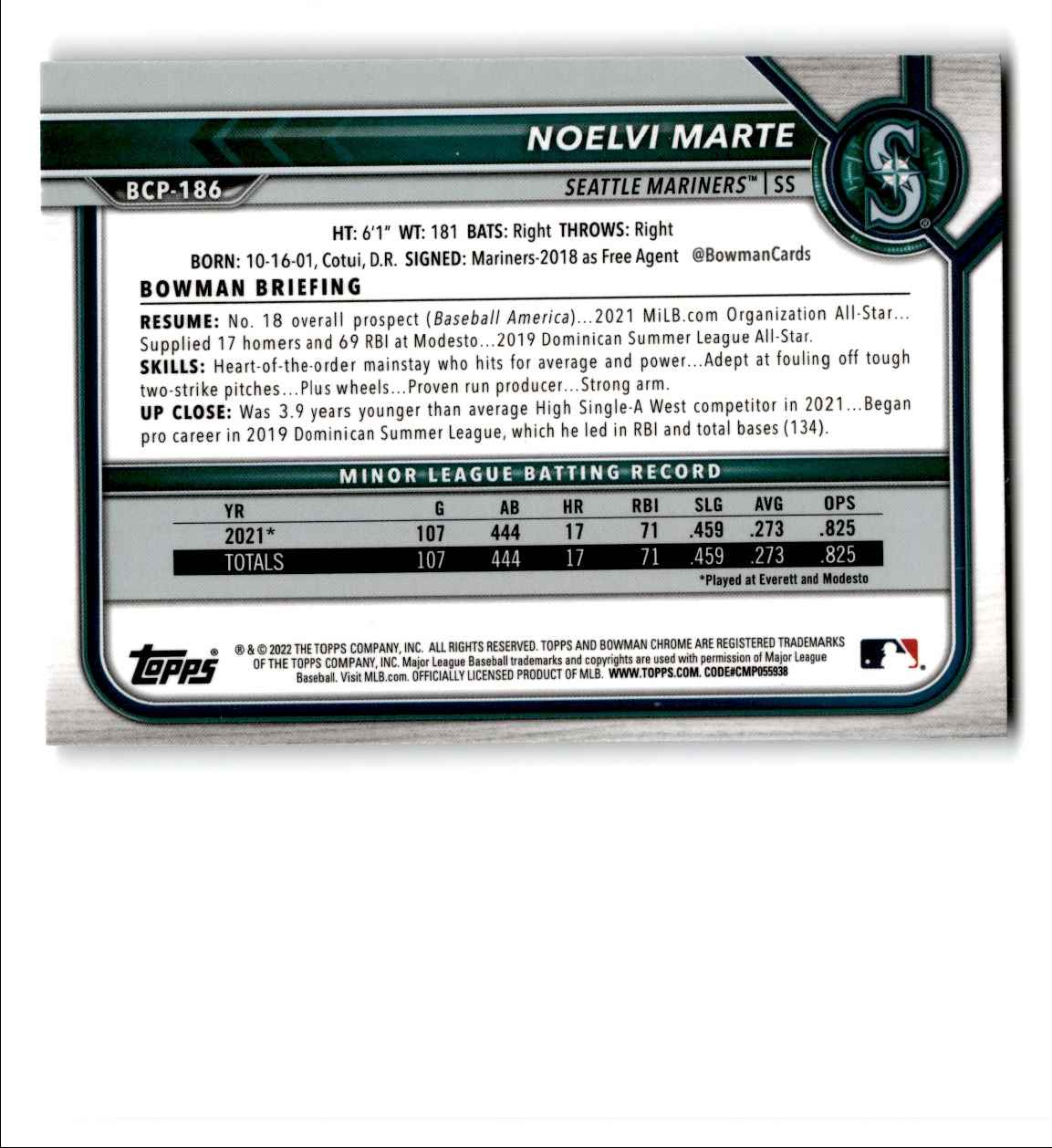 2022 Bowman Chrome Noelvi Marte #BCP-186 card back image