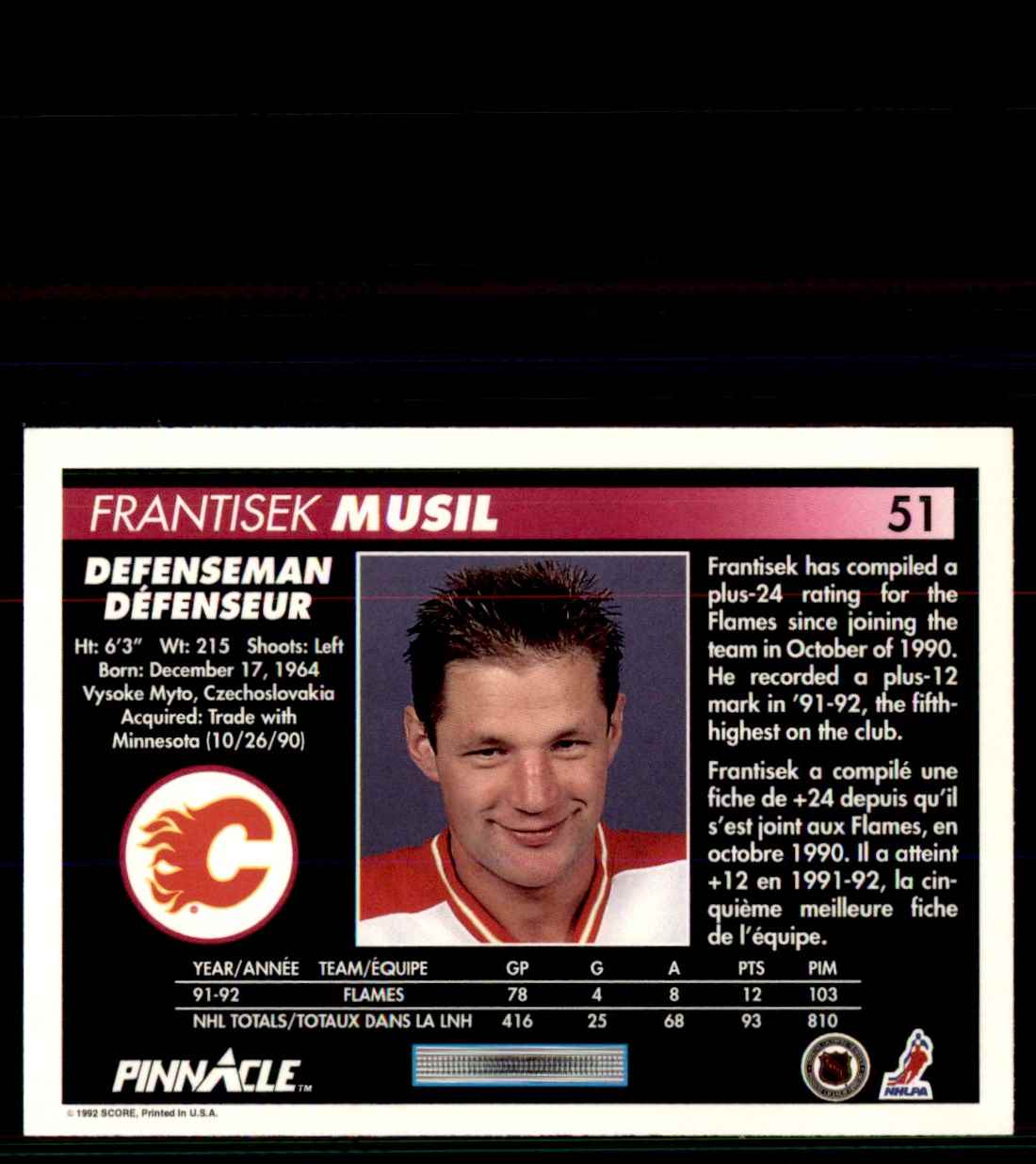 1992-93 Pinnacle French Frank Musil #51 card back image