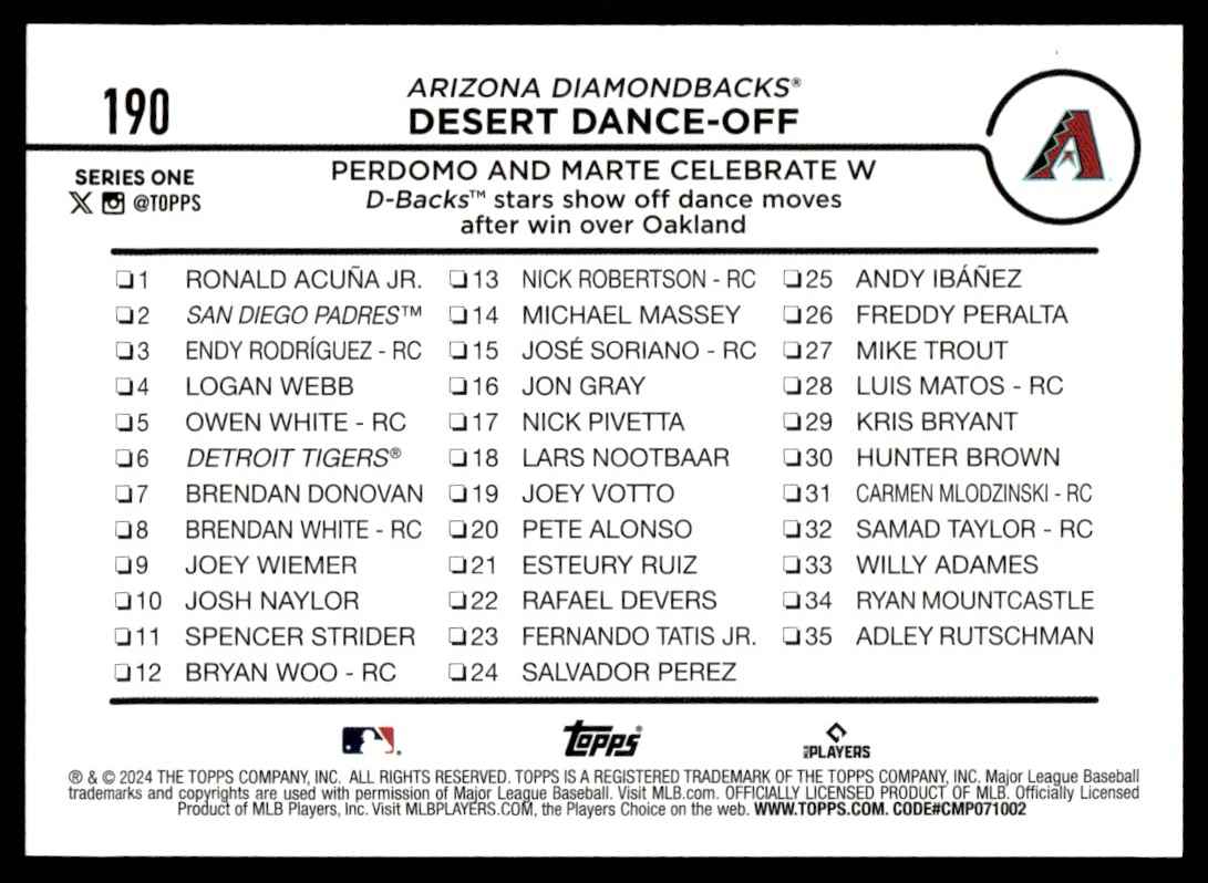2024 Topps Black Icy Foil Desert Dance-Off: Perdomo and Marte Celebrate W #190 card back image