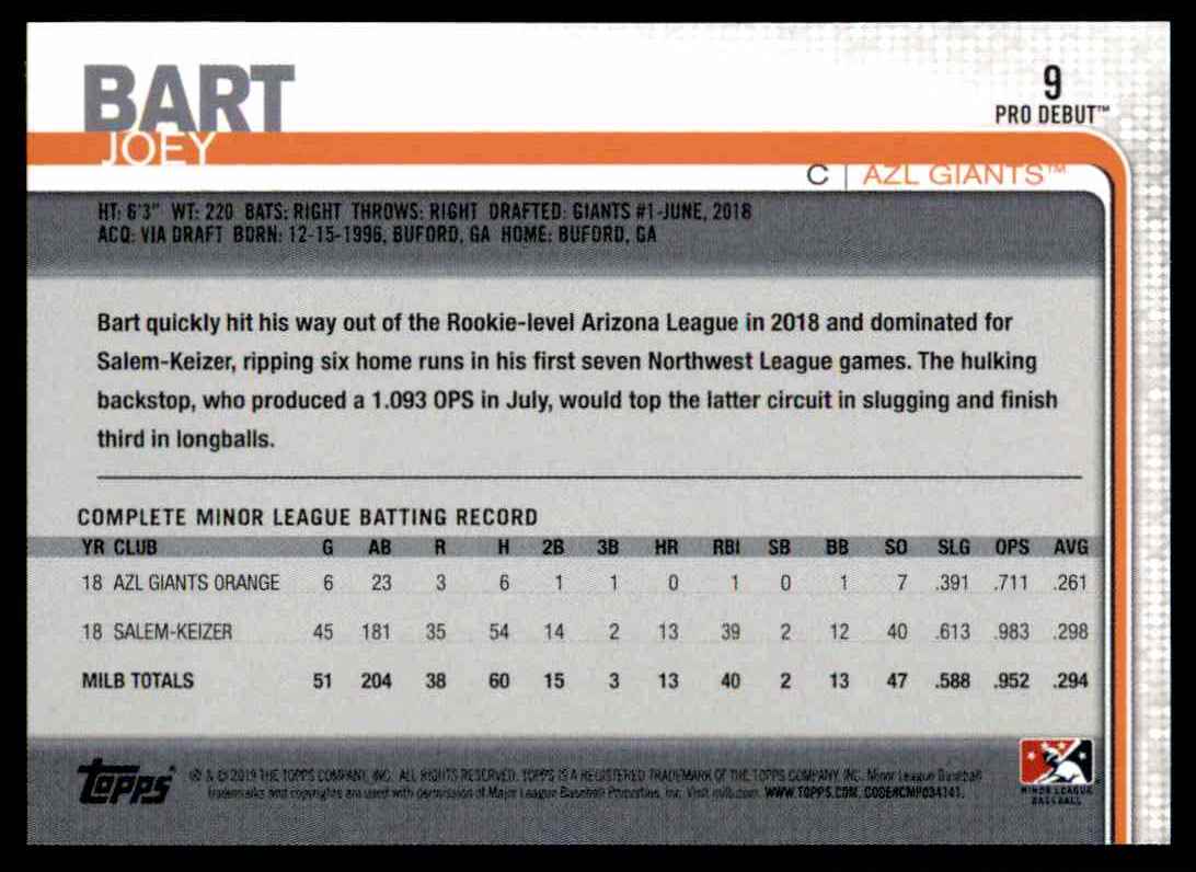 2019 Topps Pro Debut Joey Bart #9 card back image