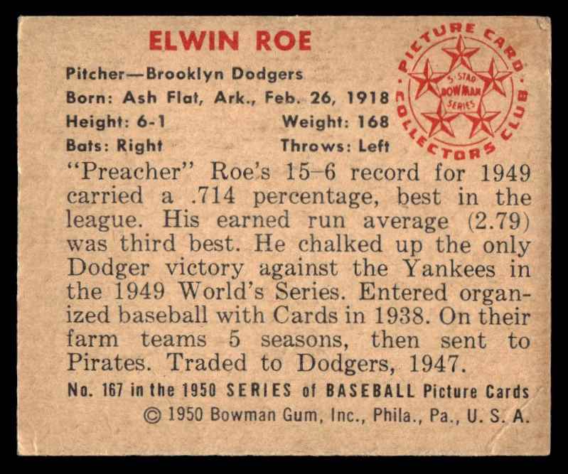 1950 Bowman Preacher Roe #167 card back image