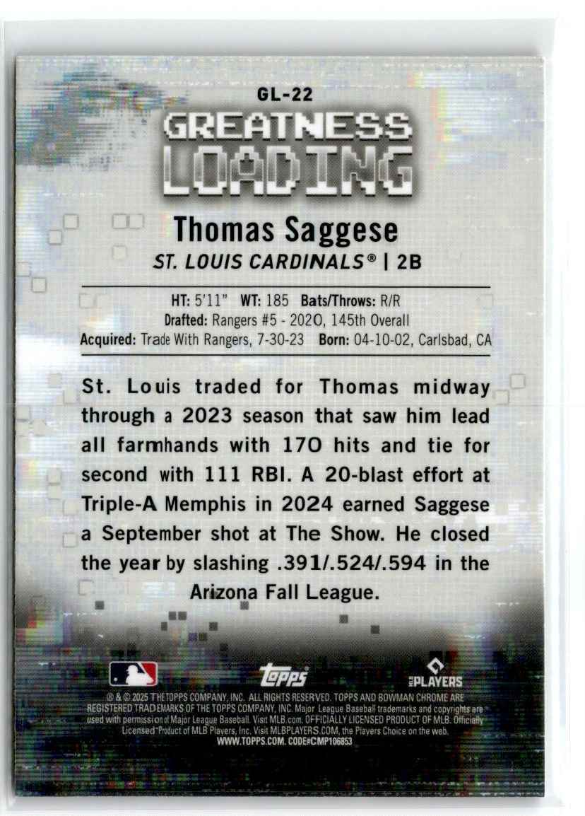 2025 Bowman Greatness Loading Thomas Saggese #GL-22 card back image