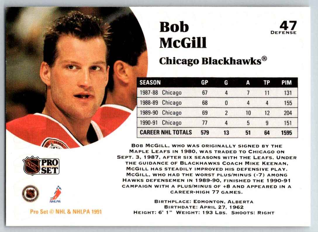 1991-92 Pro Set Bob McGill #47 card back image