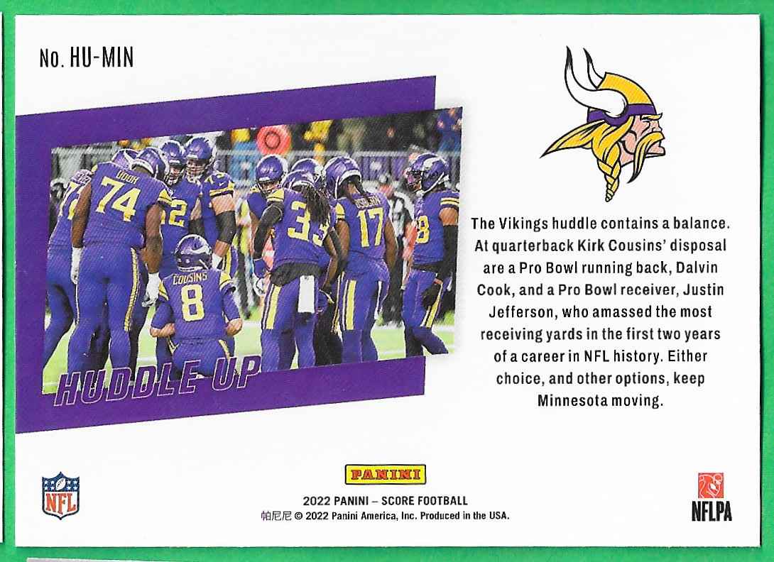 2022 Panini Score Huddle Up Vikings Minnesota Vikings #HU-MIN card back image