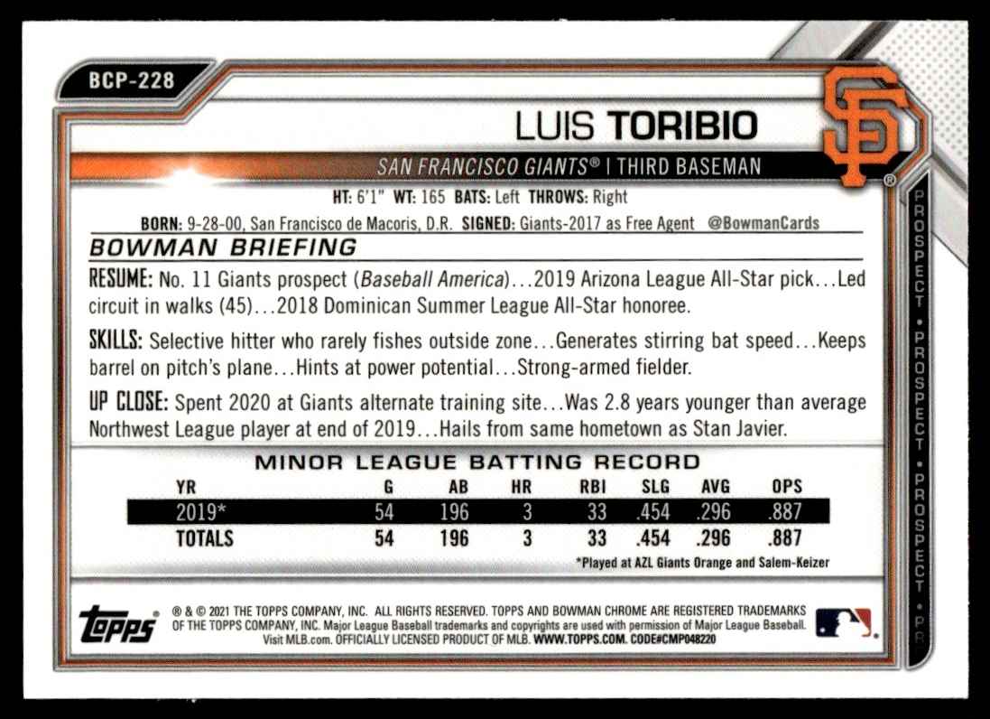 2021 Bowman Chrome Prospects Mojo Refractor Luis Toribio #BCP-228 card back image