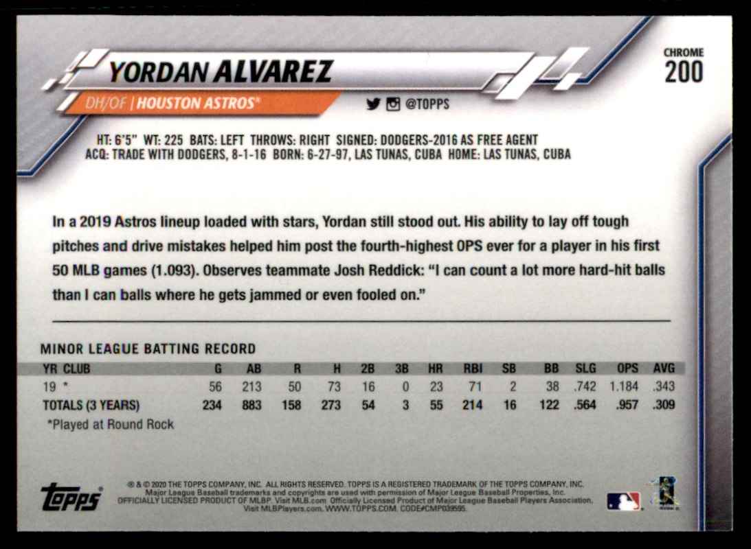 2020 Topps Chrome Yordan Alvarez #200 card back image