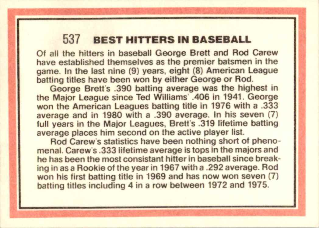 1981 Donruss Best Hitters George Brett/Rod Carew #537 card back image