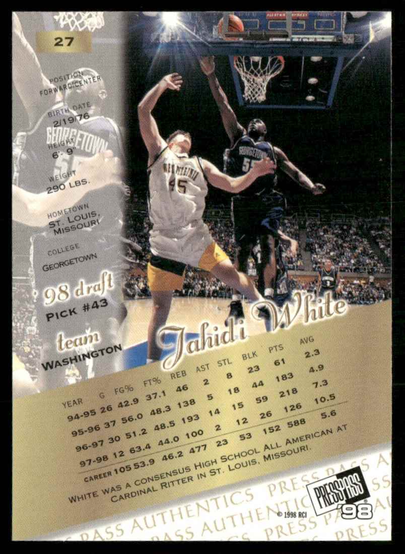 1998-99 Press Pass Authentics Hang Time Jahidi White #27 card back image