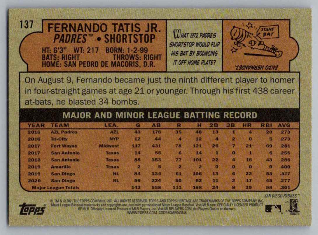 2021 Topps Heritage Fernando Tatis Jr. #137 card back image