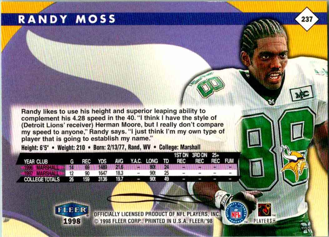1998 Fleer Tradition Rookie Randy Moss #237 card back image