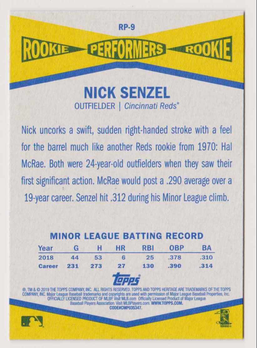 2019 Topps Heritage Nick Senzel #RP-9 card back image