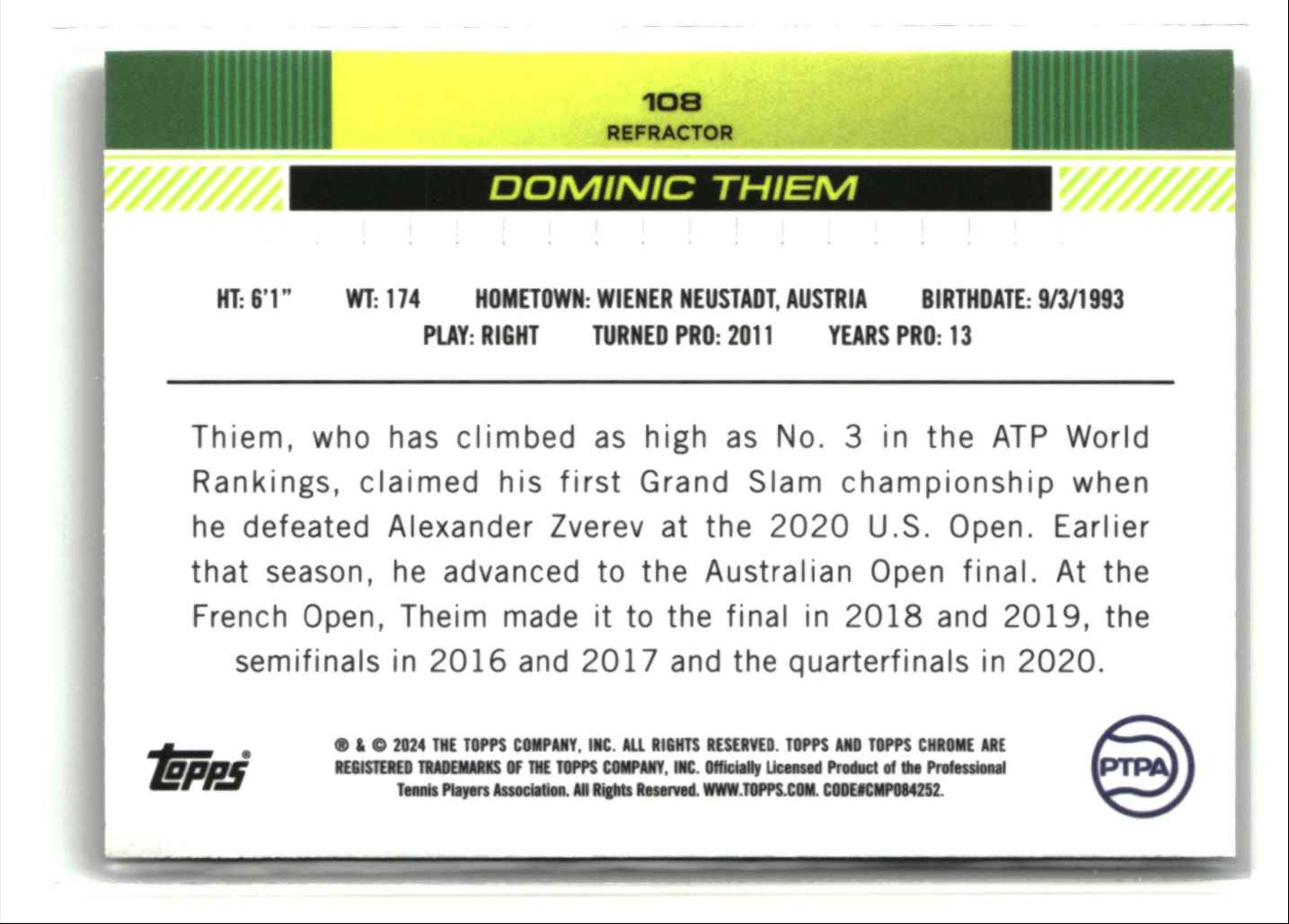 2024 Topps Chrome Refractor DOMINIC THIEM #108 card back image