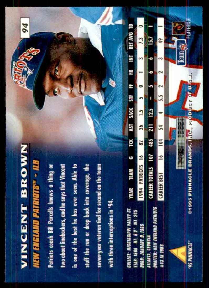 1995 Pinnacle Vincent Brown #94 card back image