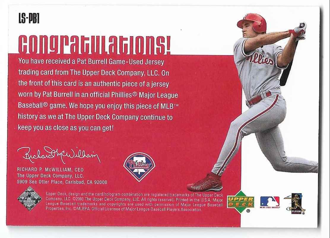 2003 Upper Deck Leading Swatches Gold Pat Burrell #LS-PB1 card back image