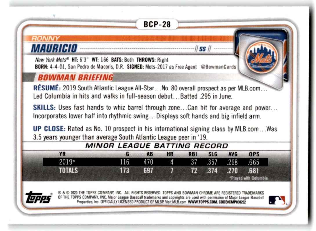 2020 Bowman Chrome Prospects Ronny Mauricio #BCP-28 card back image