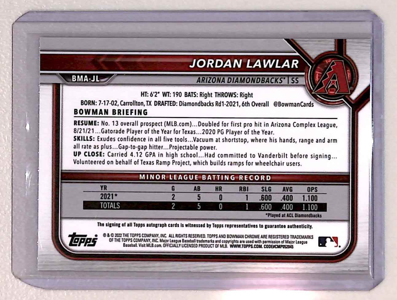 2022 Bowman Chrome Jordan Lawlar #BMA-JL card back image