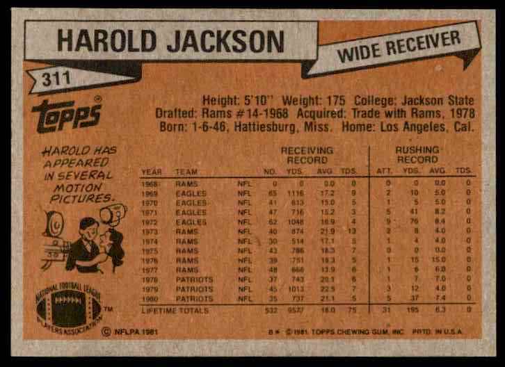 1981 Topps Harold Jackson #311 card back image