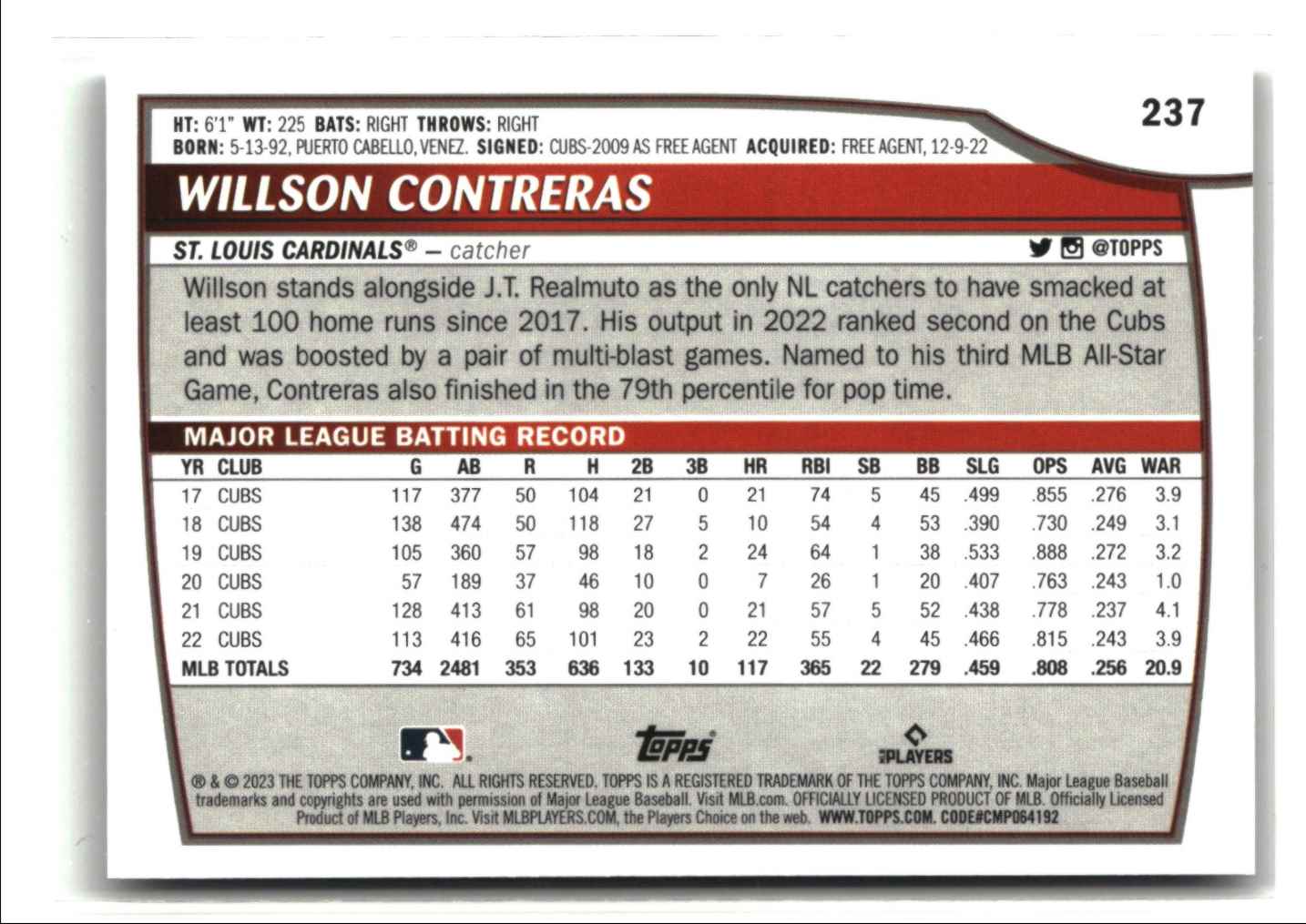 2023 Topps Big League Uncommon Foil Willson Contreras #237 card back image
