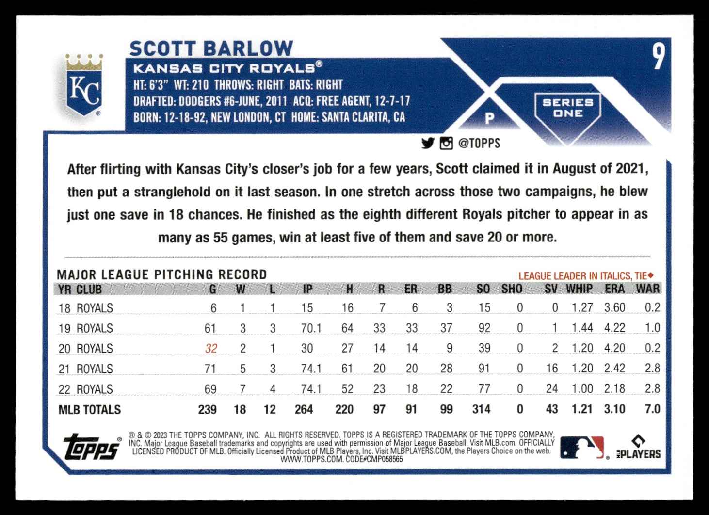 2023 Topps Scott Barlow #9 card back image