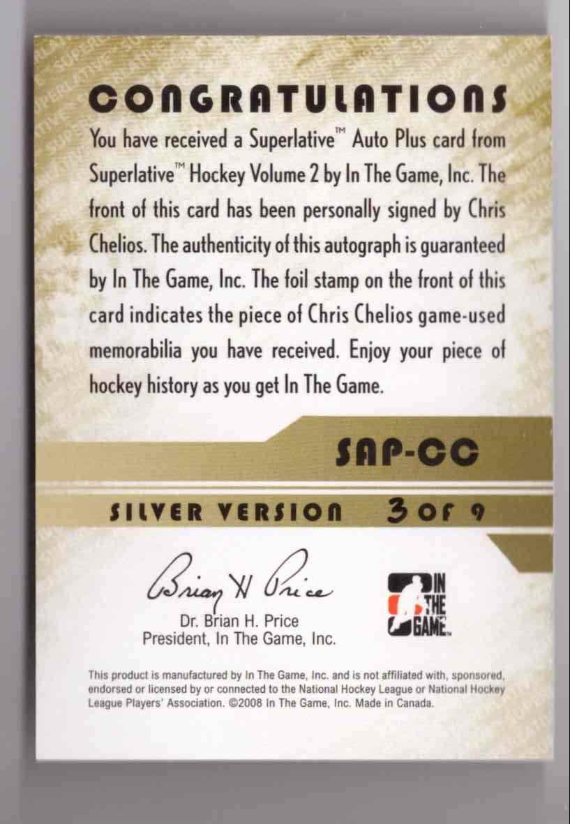 2008-09 ITG Superlative Chris Chelios #SAP-CC card back image
