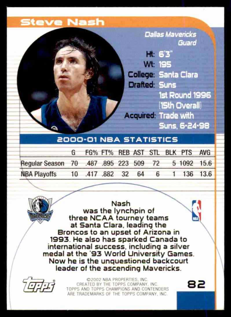 2001-02 Topps Tcc Steve Nash #82 card back image