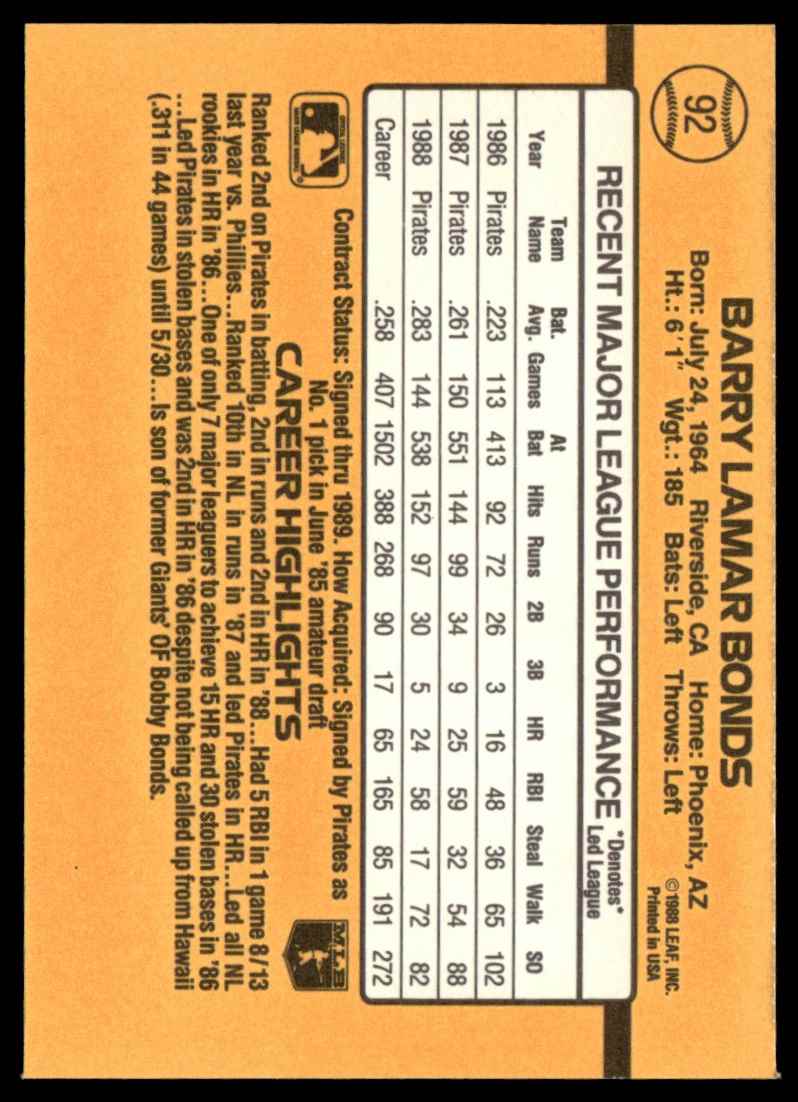 1989 Donruss Barry Bonds #92 card back image