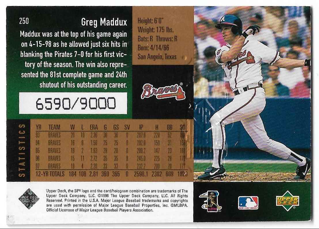 1998 Upper Deck-SPx Greg Maddux #250 card back image