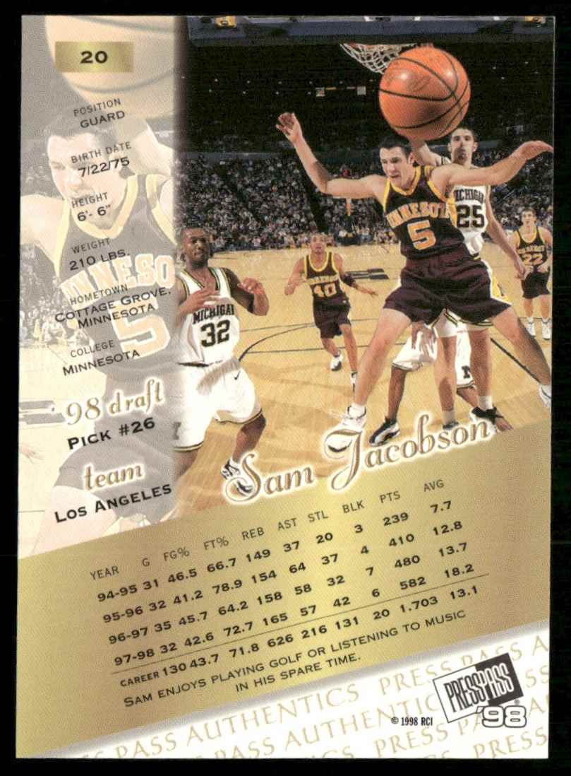 1998-99 Press Pass Authentics Hang Time Sam Jacobson #20 card back image
