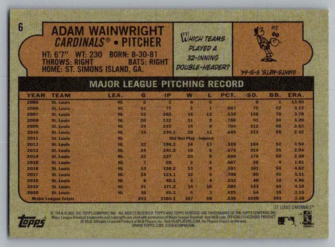 2021 Topps Heritage Adam Wainwright #6 card back image