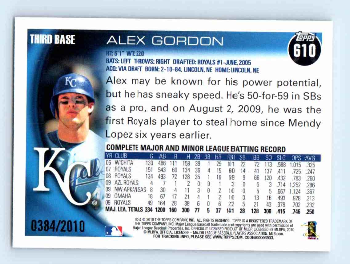 2010 Topps Gold Border Alex Gordon #610 card back image